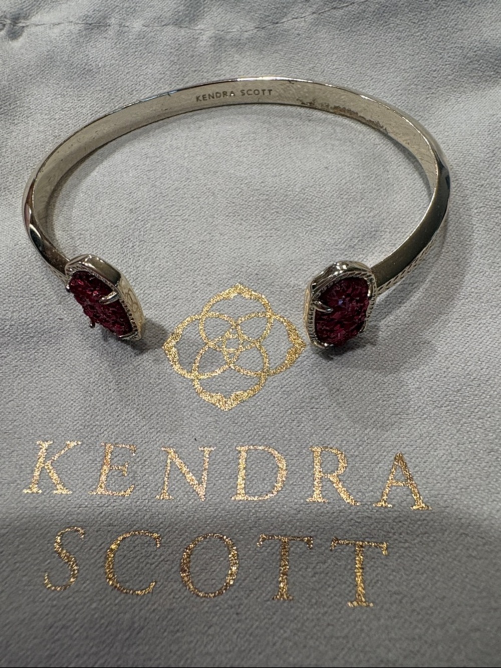 Kendra Scott Silver Open Cuff Bracelet with Dark pink/purple druzy